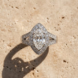 White gold Marquise Halo Split Shank Diamond Ring with Milgrain Prong Setting_9