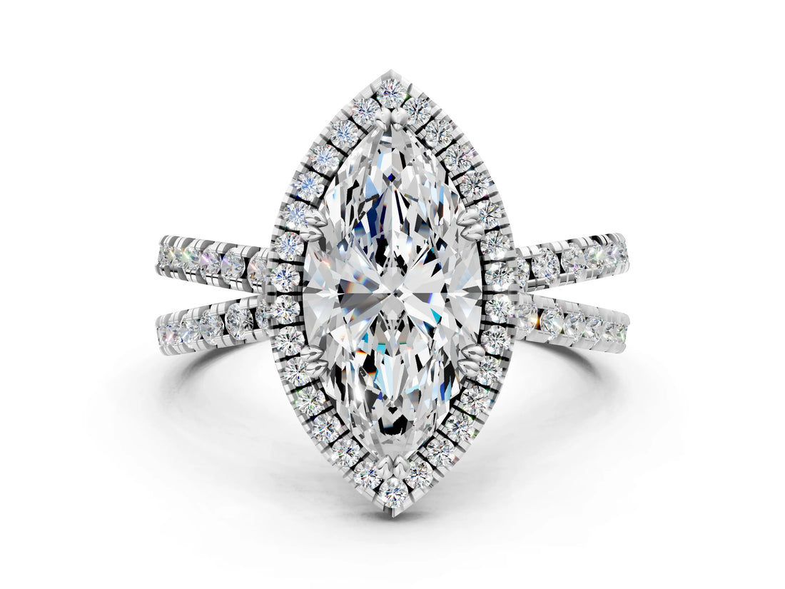 White gold Marquise Halo Split Shank Diamond Ring with Pavé Setting_26