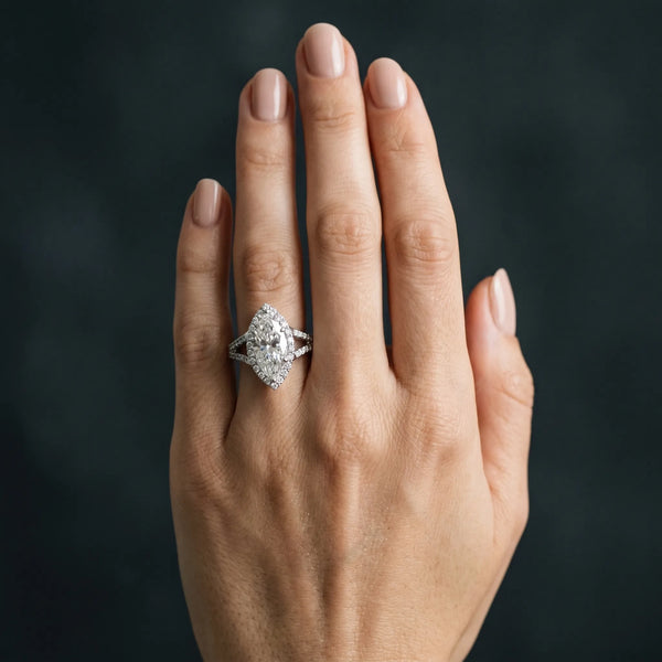 White gold Marquise Halo Split Shank Diamond Ring with Prong Setting