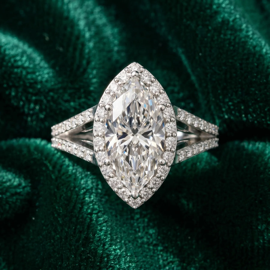 White gold Marquise Halo Split Shank Diamond Ring with Prong Setting