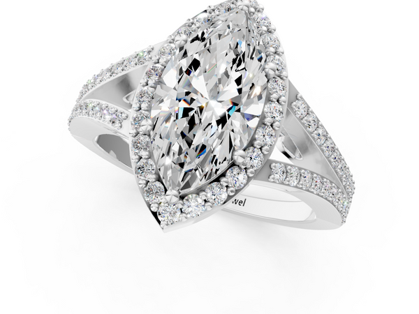 White gold Marquise Halo Split Shank Diamond Ring with Prong Setting