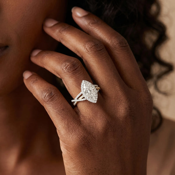 White gold Marquise Halo Split-Shank Diamond Ring with Prong Setting
