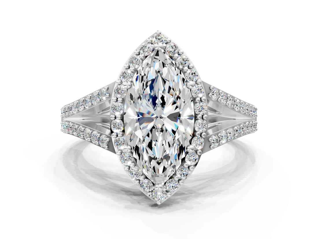 White gold Marquise Halo Split Shank Pave Diamond Ring with Four-Prong Setting_47