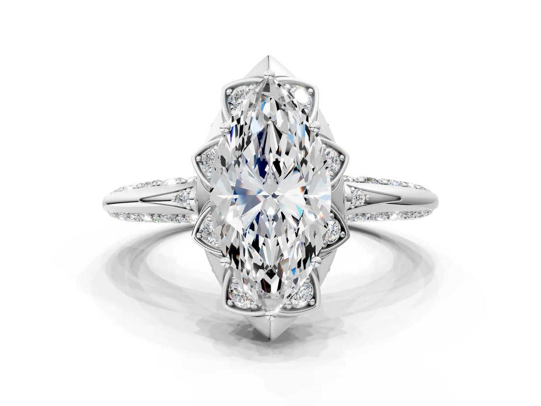 White gold Marquise Halo Split Shank Pave Diamond Ring with Petal Prong Setting_19