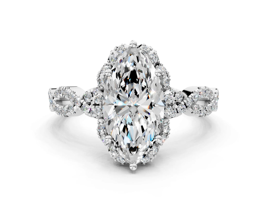 White gold Marquise Halo Twist Band Solitaire Ring with Six-Prong Setting_32