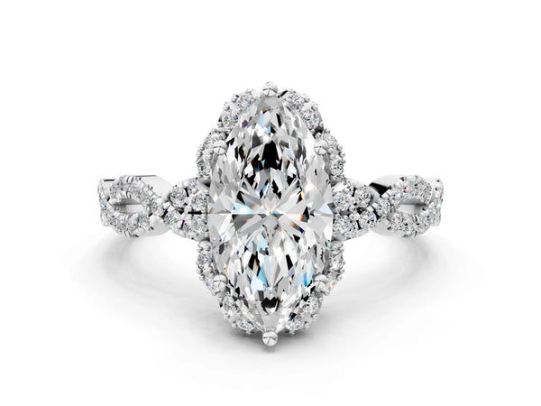 White gold Marquise Halo Twist Band Solitaire Ring with Six-Prong Setting