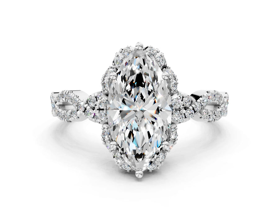 White gold Marquise Halo Twist Band Solitaire Ring with Six-Prong Setting