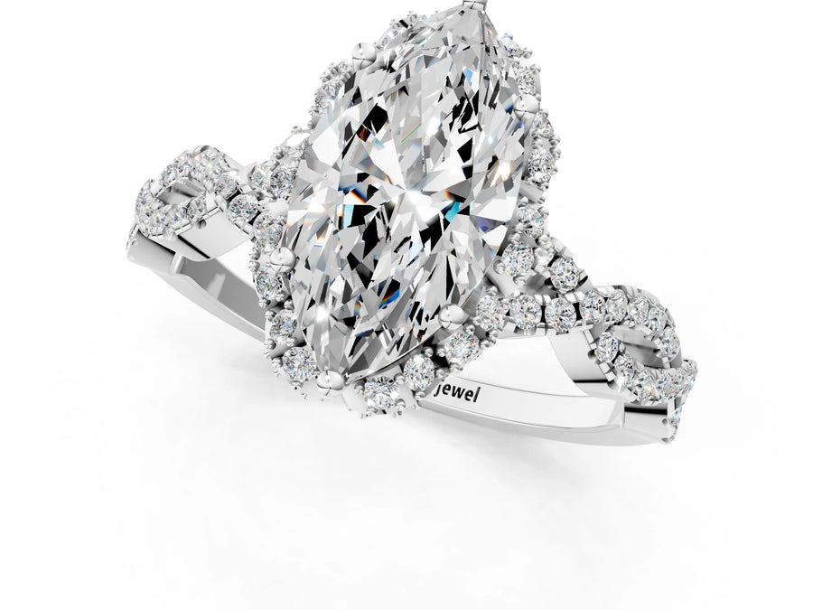 White gold Marquise Halo Twist Band Solitaire Ring with Six-Prong Setting