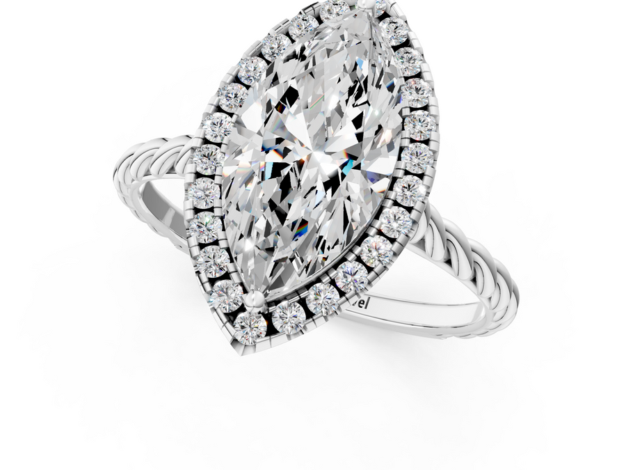 White gold Marquise Halo Twisted Band Four-Prong Diamond Ring