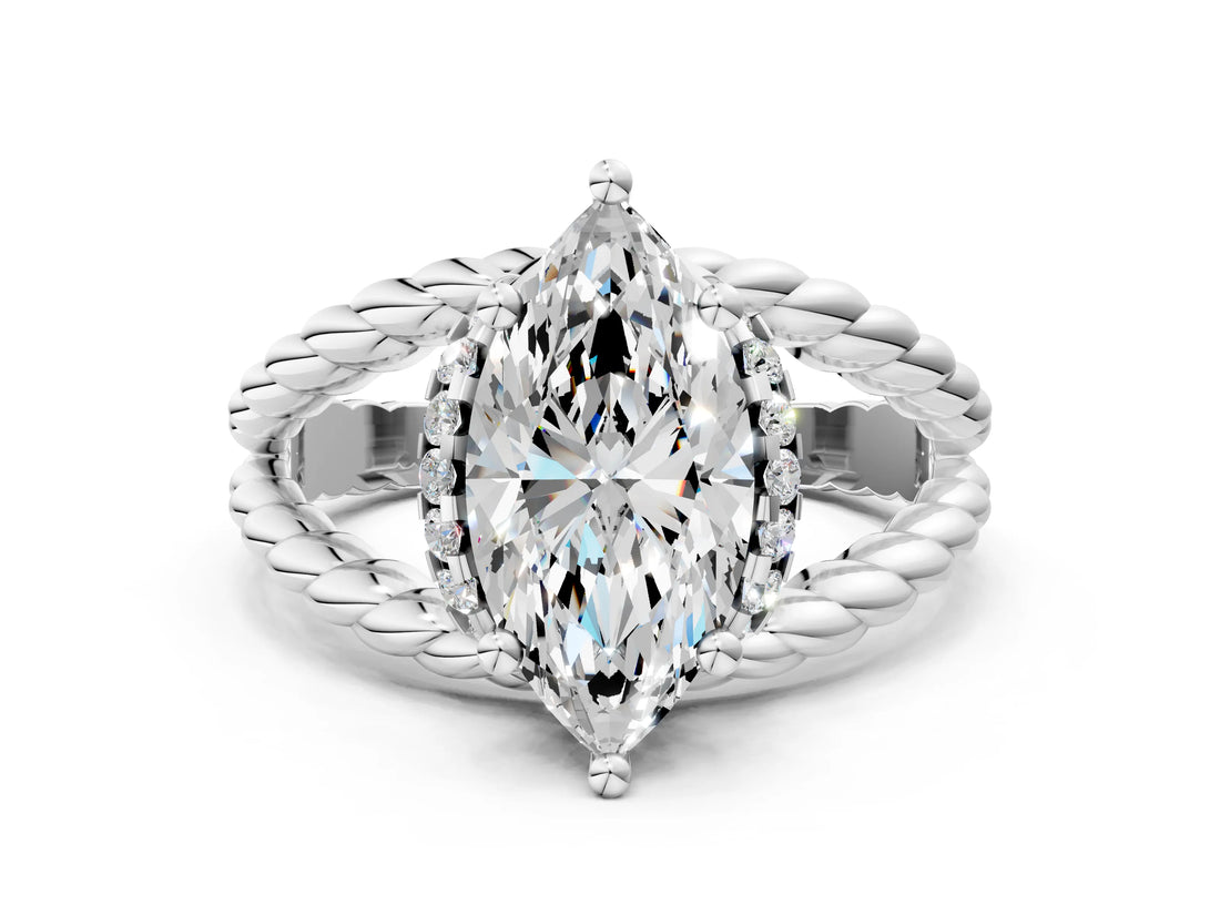 White gold Marquise Halo Twisted Band Four-Prong Ring_82