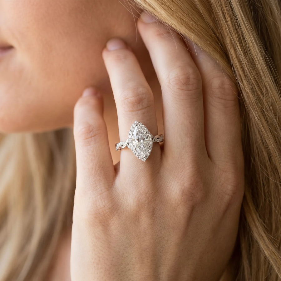 White gold Marquise Halo Twisted Band Prong Setting Ring