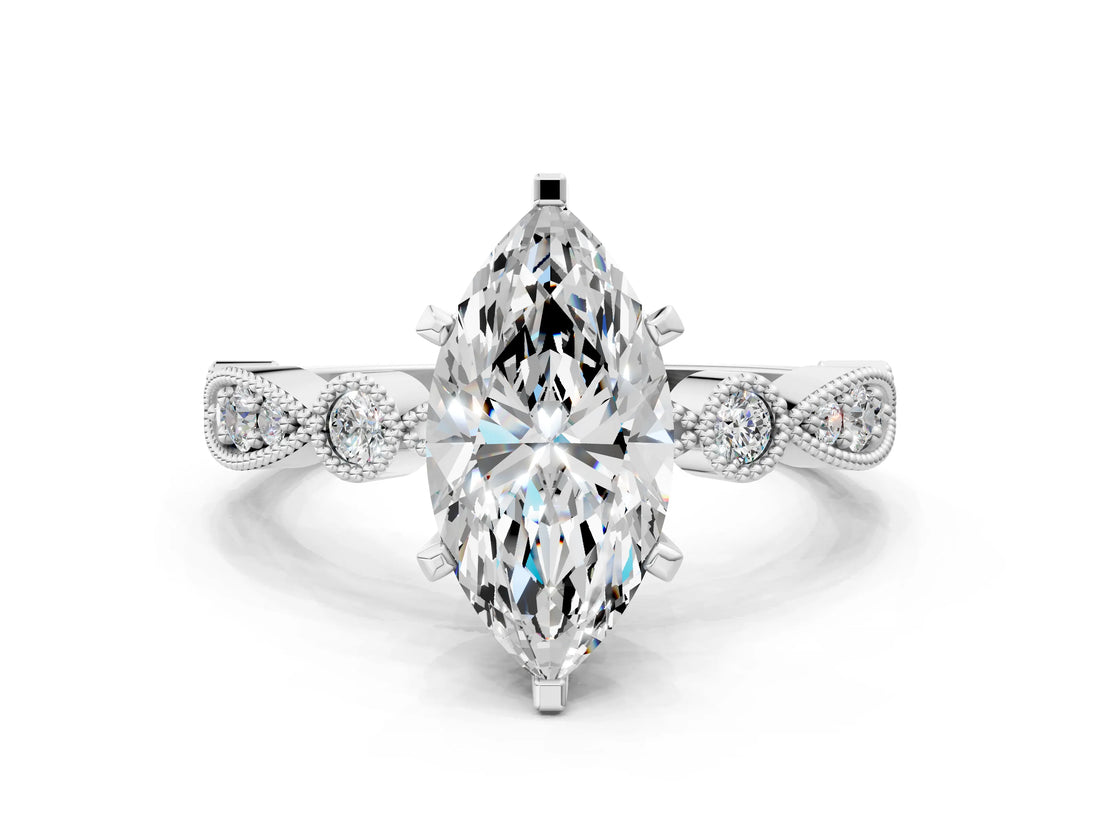 White gold Marquise Milgrain Bezel Diamond Engagement Ring with Solitaire Prong Setting_197