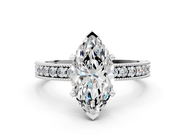White gold Marquise Cut Diamond Milgrain Pavé Engagement Ring with Four-Prong Setting