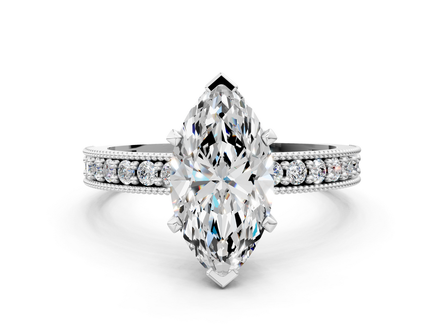 White gold Marquise Milgrain Pave Diamond Engagement Ring with Four-Prong Setting