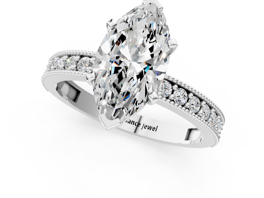 White gold Marquise Milgrain Pave Diamond Engagement Ring with Four-Prong Setting