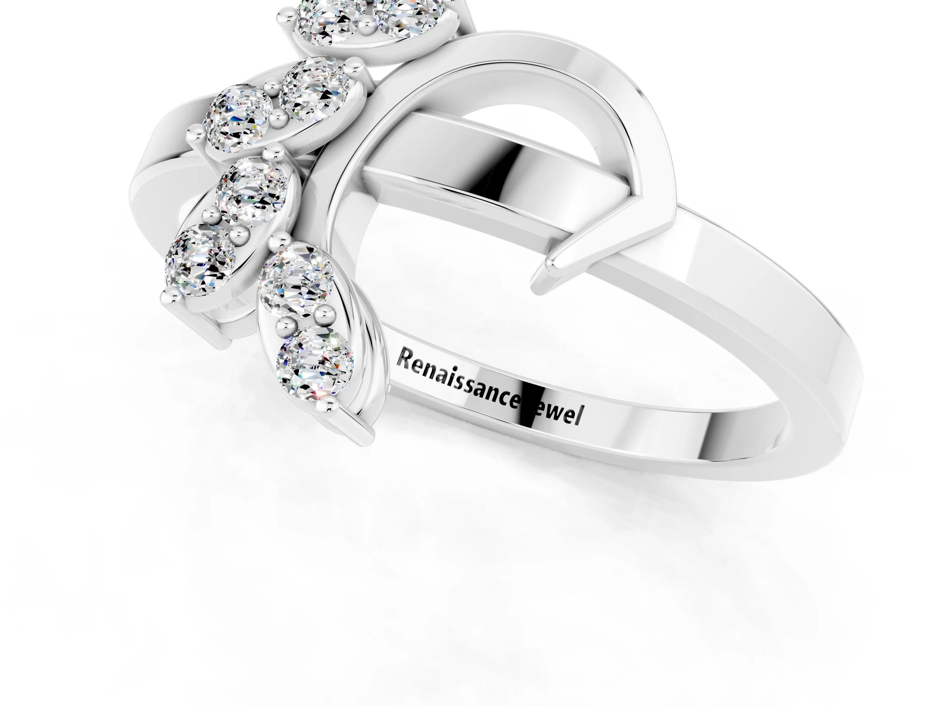 White gold Marquise Moissanite Cluster Bypass Ring with Prong Setting_7