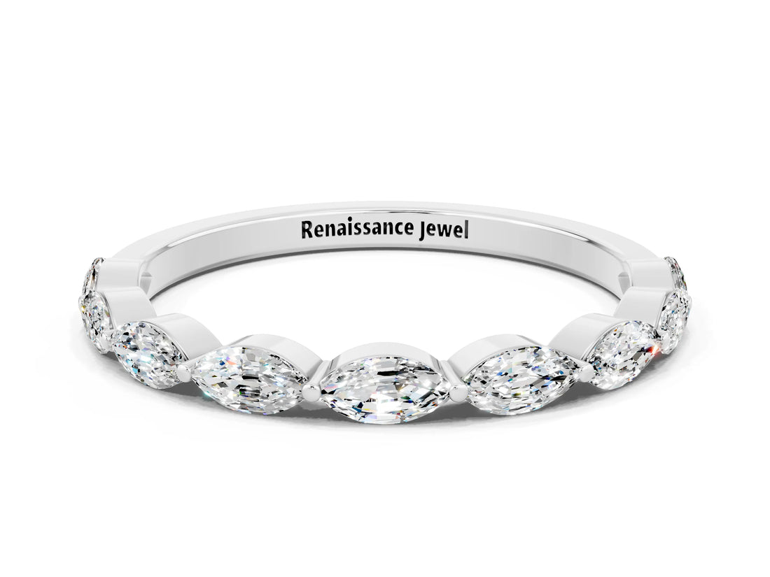 White gold Marquise Moissanite Half Eternity Band with Prong Setting_26