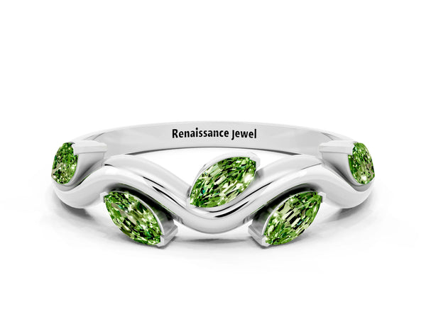 Platinum Marquise Peridot Twisted Vine Wedding Band with Leaf-Set Stones