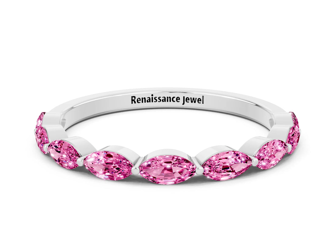 White gold Marquise Pink Sapphire Half Eternity Band with Prong Setting_18