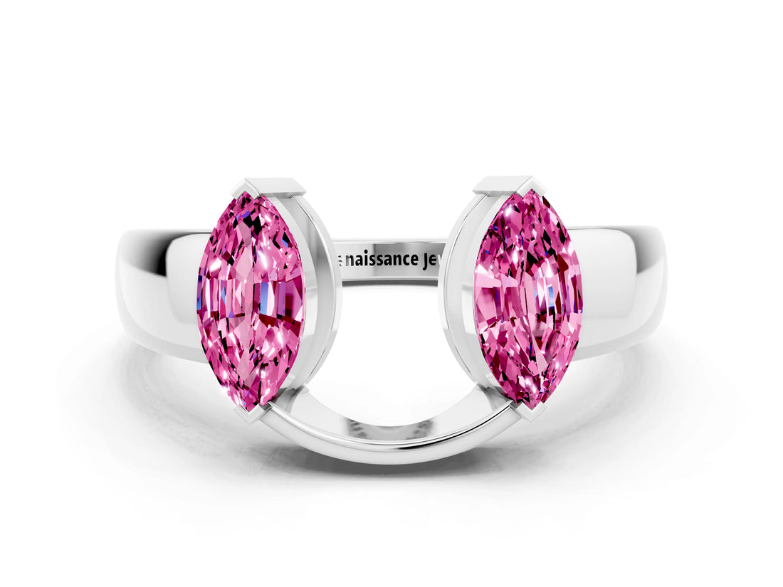 White gold Marquise Pink Sapphire Open Band Ring with Tension Setting_40