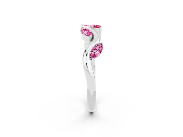 Platinum Marquise Lab-Grown Pink Sapphire Twisted Vine Wedding Band with Leaf-Set Stones