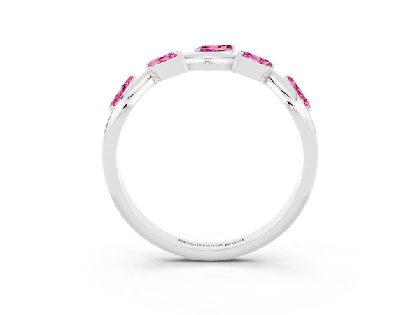Platinum Marquise Lab-Grown Pink Sapphire Twisted Vine Wedding Band with Leaf-Set Stones