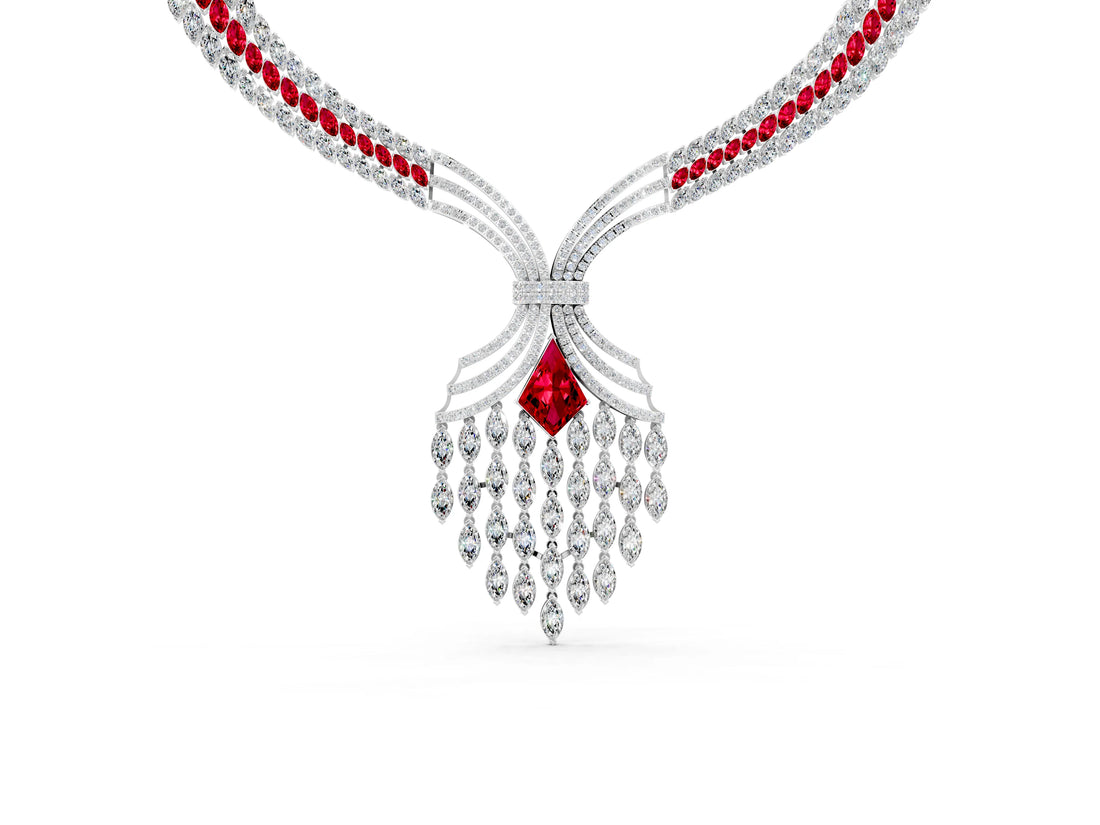 White gold Marquise Ruby and Diamond Statement Necklace with Kite Ruby Center and Cascading Fringe