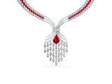 White gold Marquise Ruby and Diamond Statement Necklace with Kite Ruby Center and Cascading Fringe