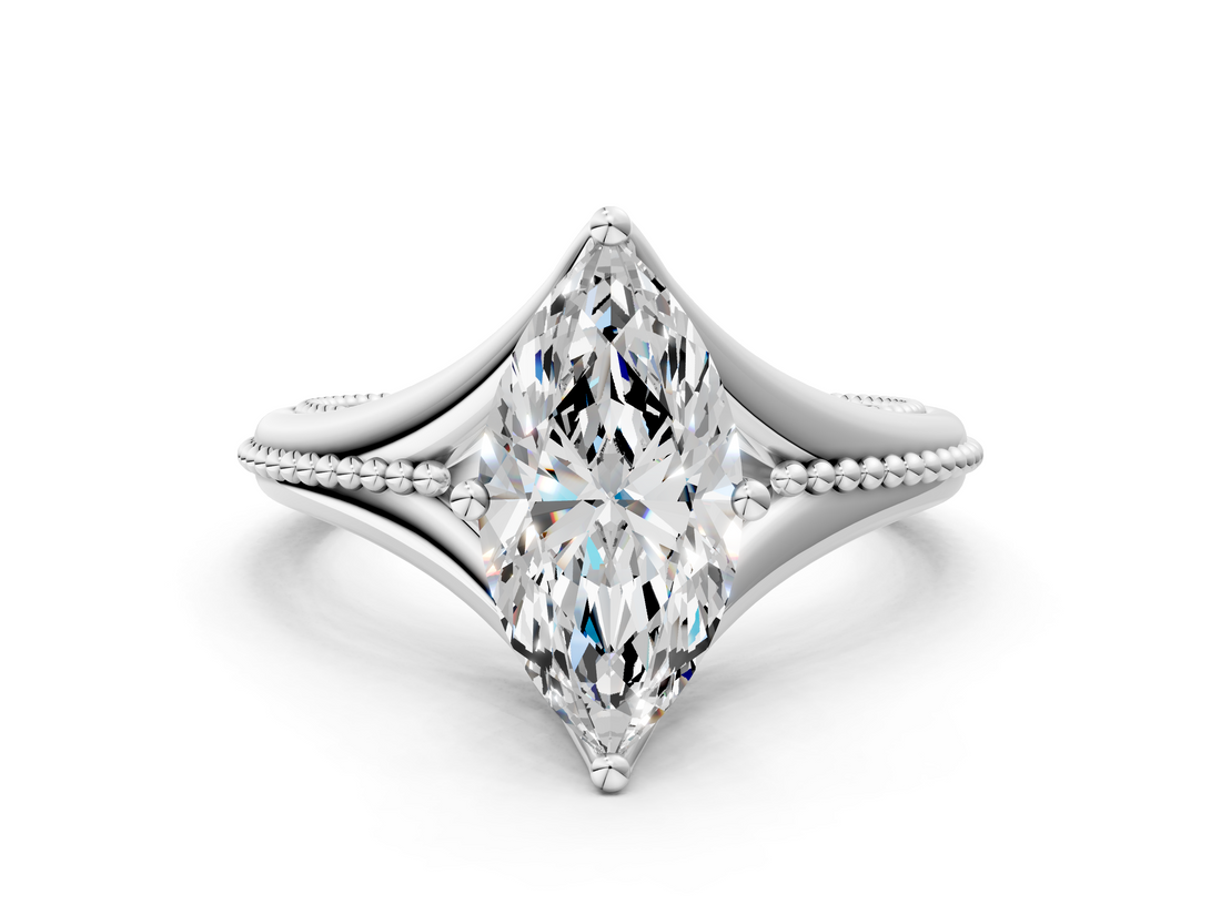 White gold Marquise Solitaire Beaded Band Six-Prong Setting_4