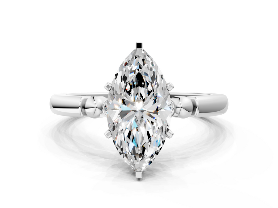 White gold Marquise Solitaire Beaded Band with Four-Prong Setting