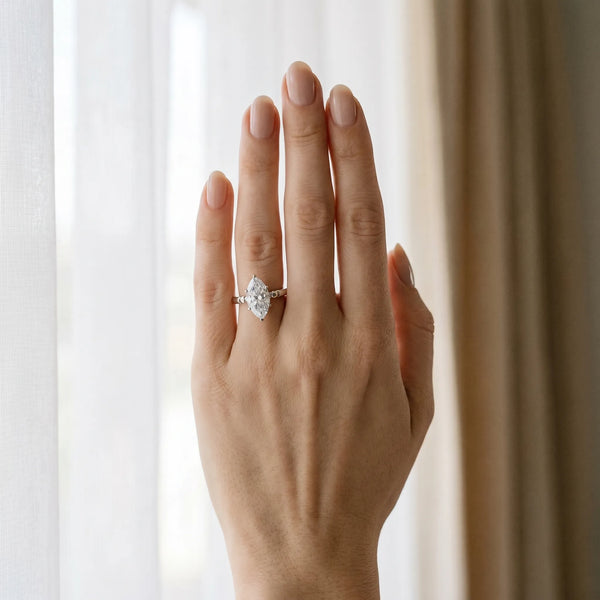 White gold Marquise Solitaire Beaded Band with Four-Prong Setting
