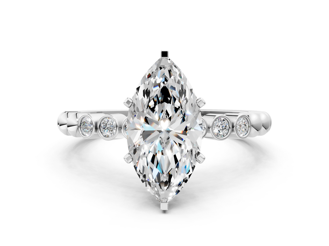 White gold Marquise Solitaire Bezel Accent Diamond Engagement Ring with Beaded Band and Four-Prong Setting_70