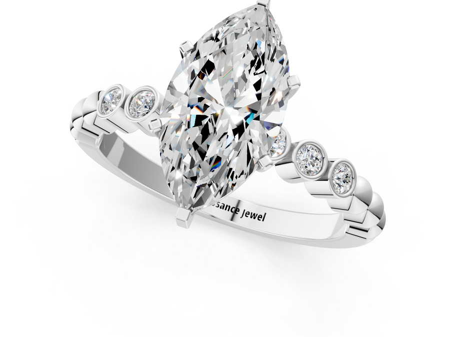 White gold Marquise Solitaire Bezel Accent Diamond Engagement Ring with Beaded Band and Four-Prong Setting