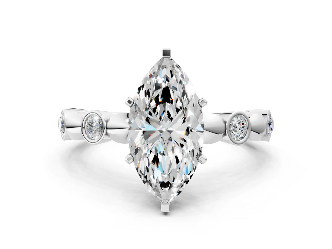 White gold Marquise Solitaire Bezel-Set Diamond Ring with Beaded Band and Four-Prong Setting_52