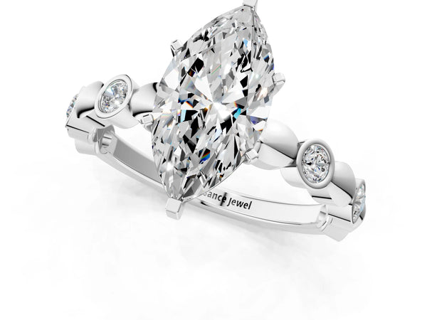 White Gold Marquise Engagement Ring Setting with Bezel Station Beaded Band