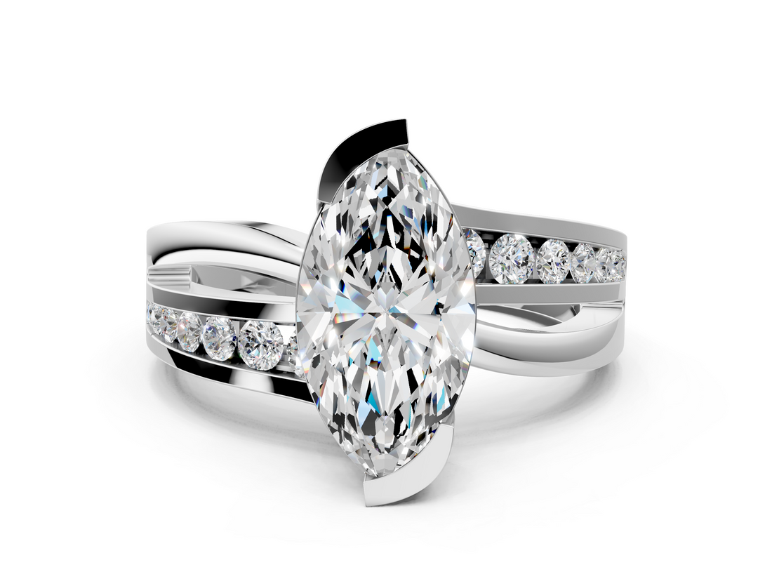 White gold Marquise Solitaire Channel-Set Split Shank Ring with Tension Prong Setting_15