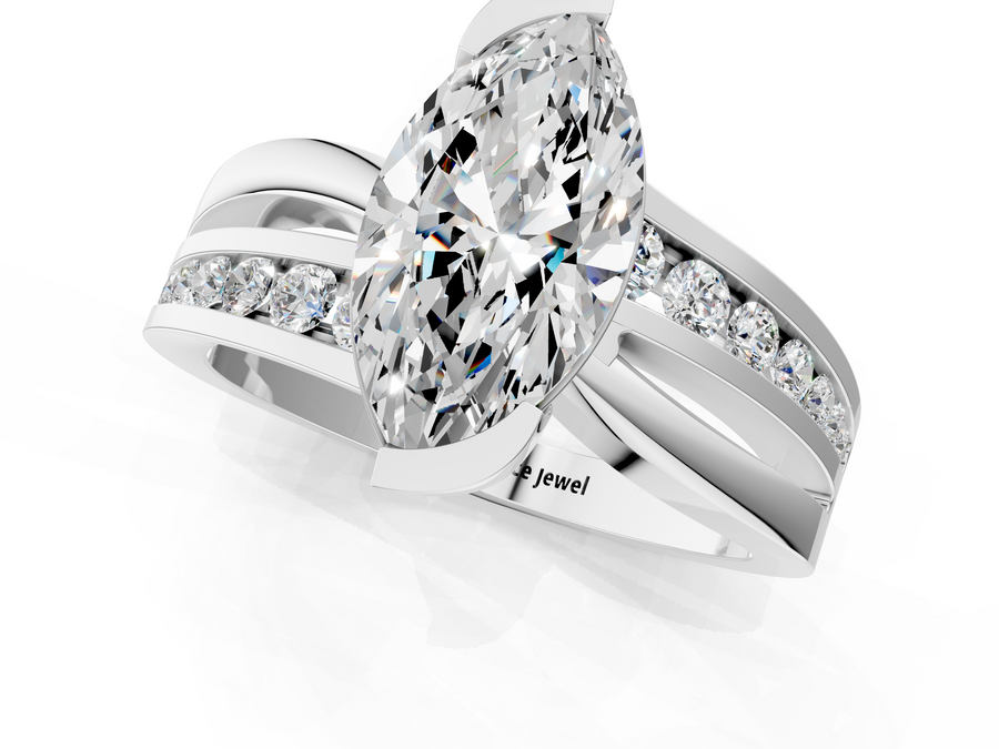 White gold Marquise Solitaire Channel-Set Split Shank Ring with Tension Prong Setting