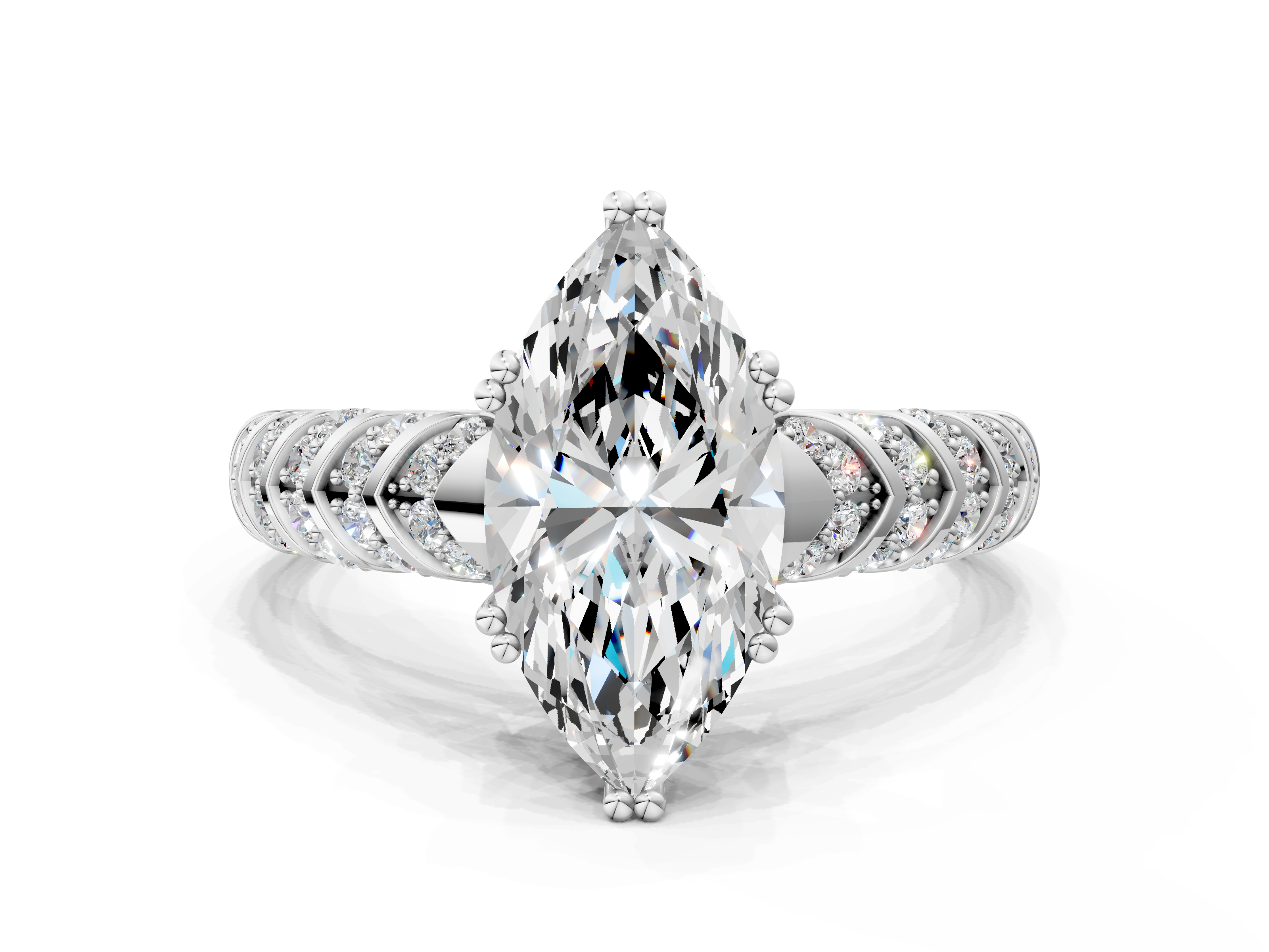 White gold Marquise Solitaire Chevron Pave Diamond Engagement Ring with Six-Prong Setting_3