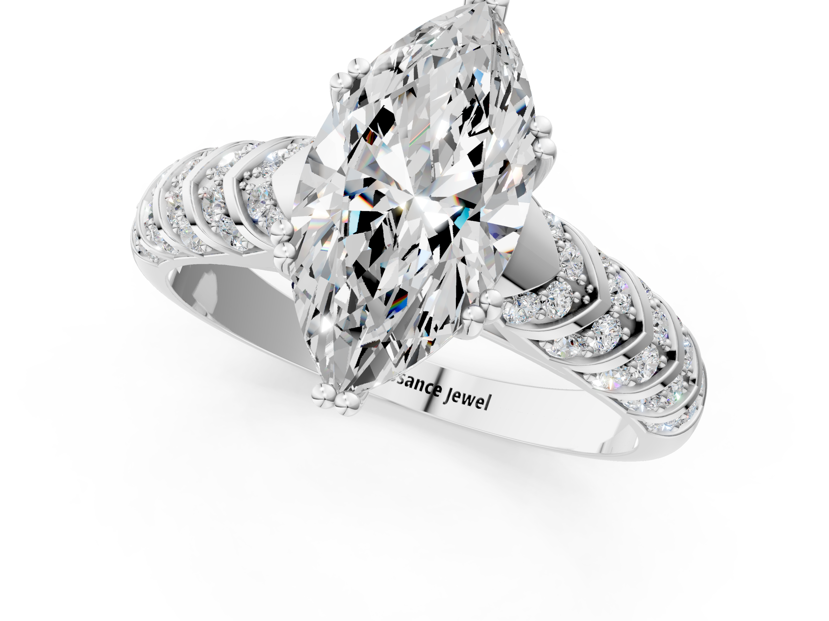 White gold Marquise Solitaire Chevron Pave Diamond Engagement Ring with Six-Prong Setting_4