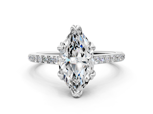 White gold Marquise Solitaire Diamond Engagement Ring with Pave Band and Six-Prong Setting