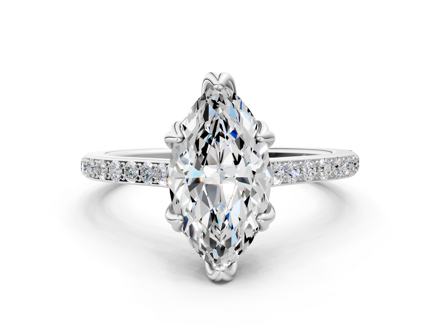 White gold Marquise Solitaire Diamond Engagement Ring with Pave Band and Six-Prong Setting