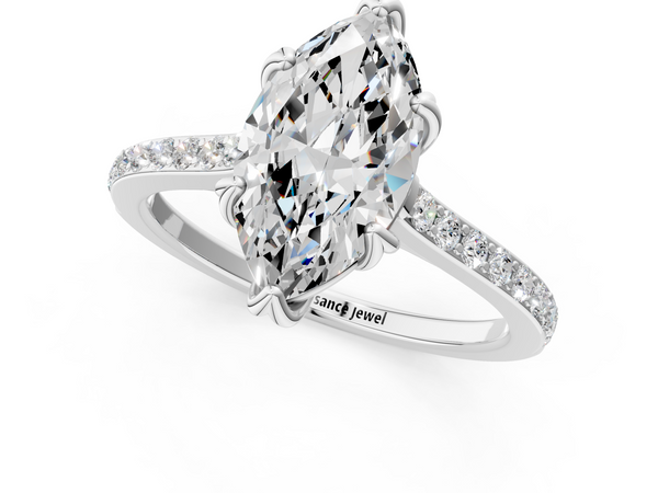 White gold Marquise Solitaire Diamond Engagement Ring with Pave Band and Six-Prong Setting