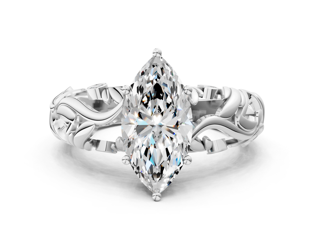 White gold Marquise Solitaire Diamond Leaf Vine Band with Prong Setting_60