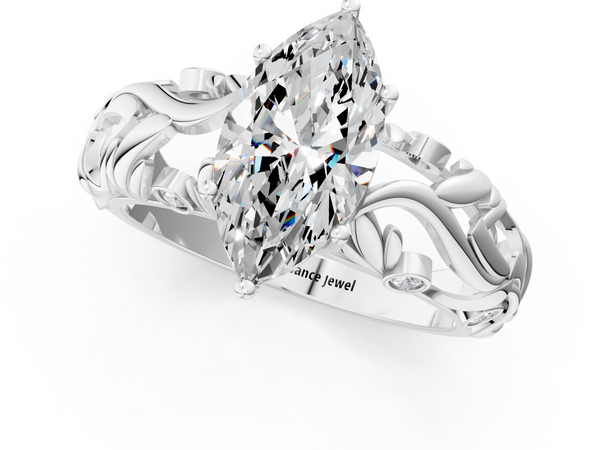 White gold Marquise Cut Solitaire Diamond Leaf-Inspired Vine Band Ring with Prong Setting
