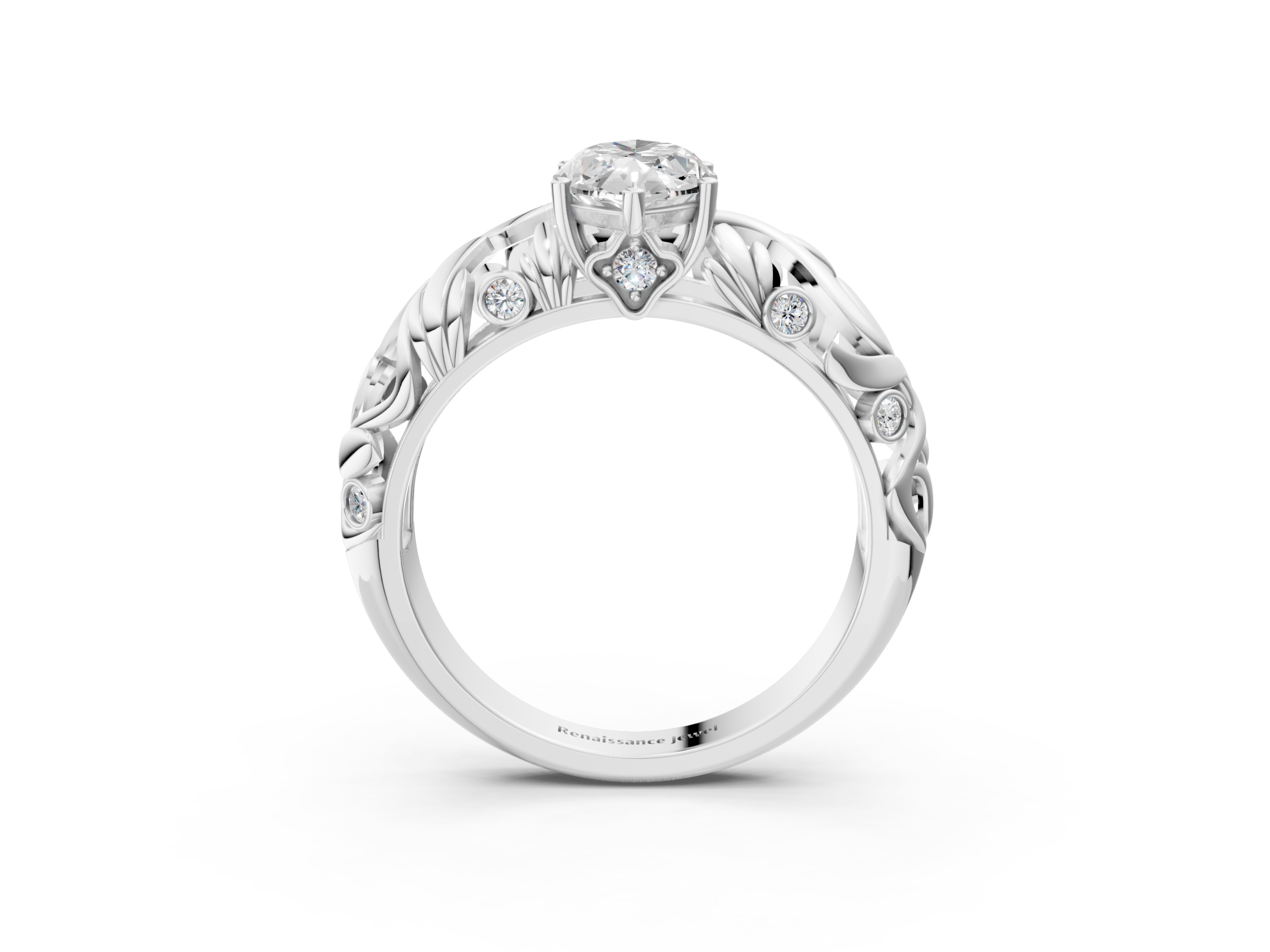 White gold Marquise Solitaire Diamond Leaf Vine Band with Prong Setting_62