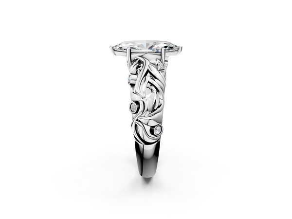 White gold Marquise Cut Solitaire Diamond Leaf-Inspired Vine Band Ring with Prong Setting