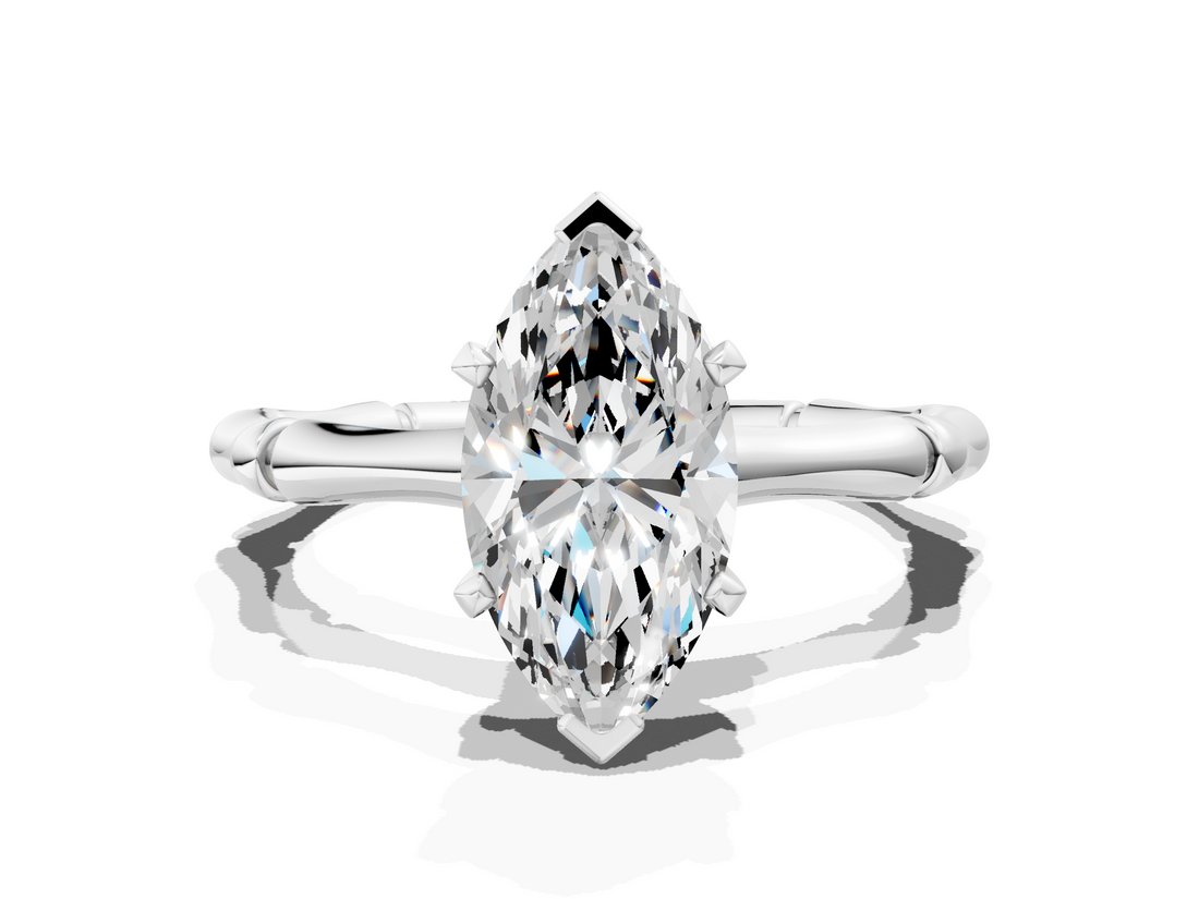 White gold Marquise Solitaire Diamond Ring with Bamboo Band and Four-Prong Setting_71