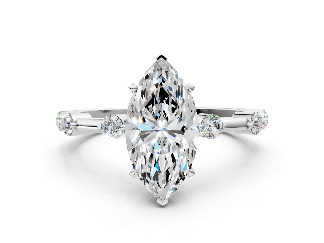 White gold Marquise Solitaire Diamond Ring with Bezel Set Side Stones and Prong Setting_24