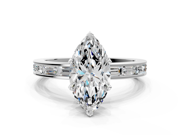 White gold Marquise Solitaire Diamond Ring with Channel-Set Baguette Band and Four-Prong Setting
