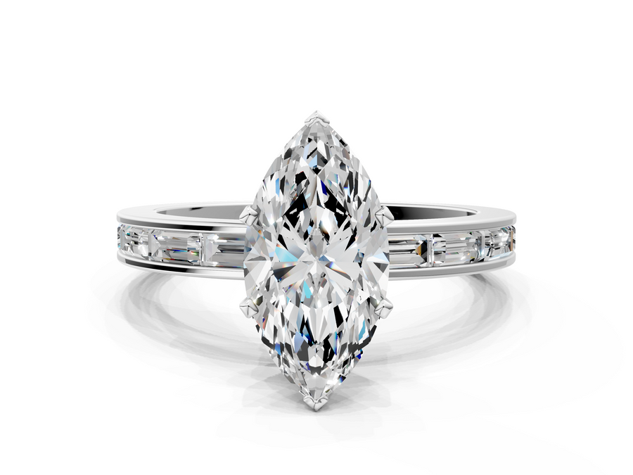 White gold Marquise Solitaire Diamond Ring with Channel-Set Baguette Band and Four-Prong Setting